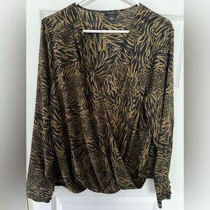 Halogen Zebra Print Wrap Blouse in Black and Tan